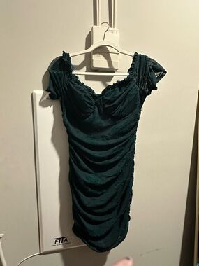 Fashion Nova Dark Teal Ruched Lace Mini Dress